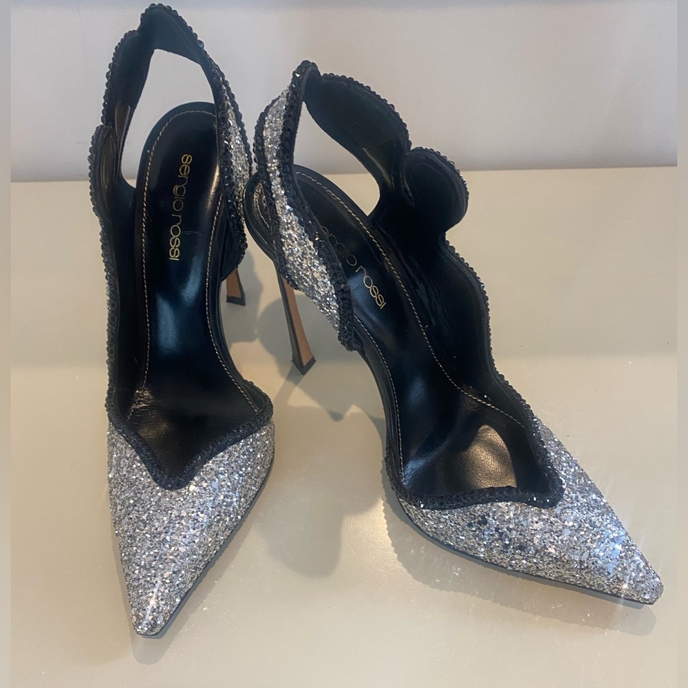 Sergio Rossi Silver Glitter Black Crystal Studded Heels Pumps, Size 37 1/2
